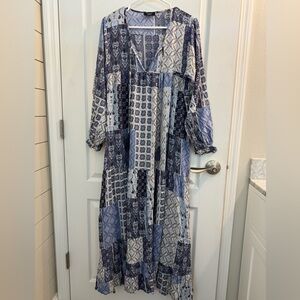 Vici Patchwork Maxi Dress in Navy and White